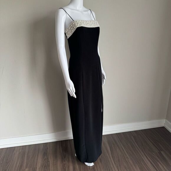 ALEX VTG 90’s Embellished Pearl Black Evening Dress With High Leg Slit - Picture 4 of 9